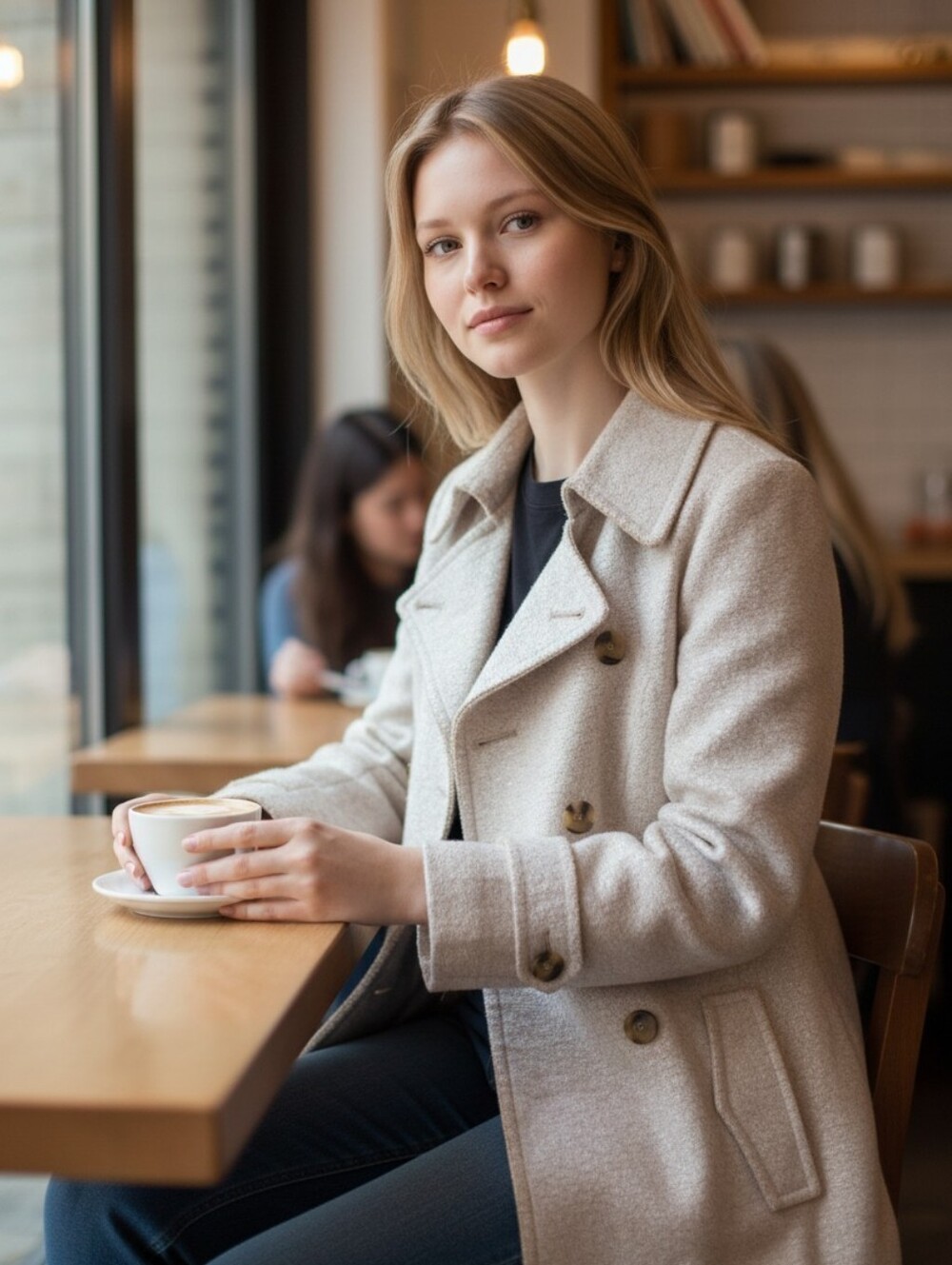 Women’s Double-Breasted Cream Peacoat Jacket